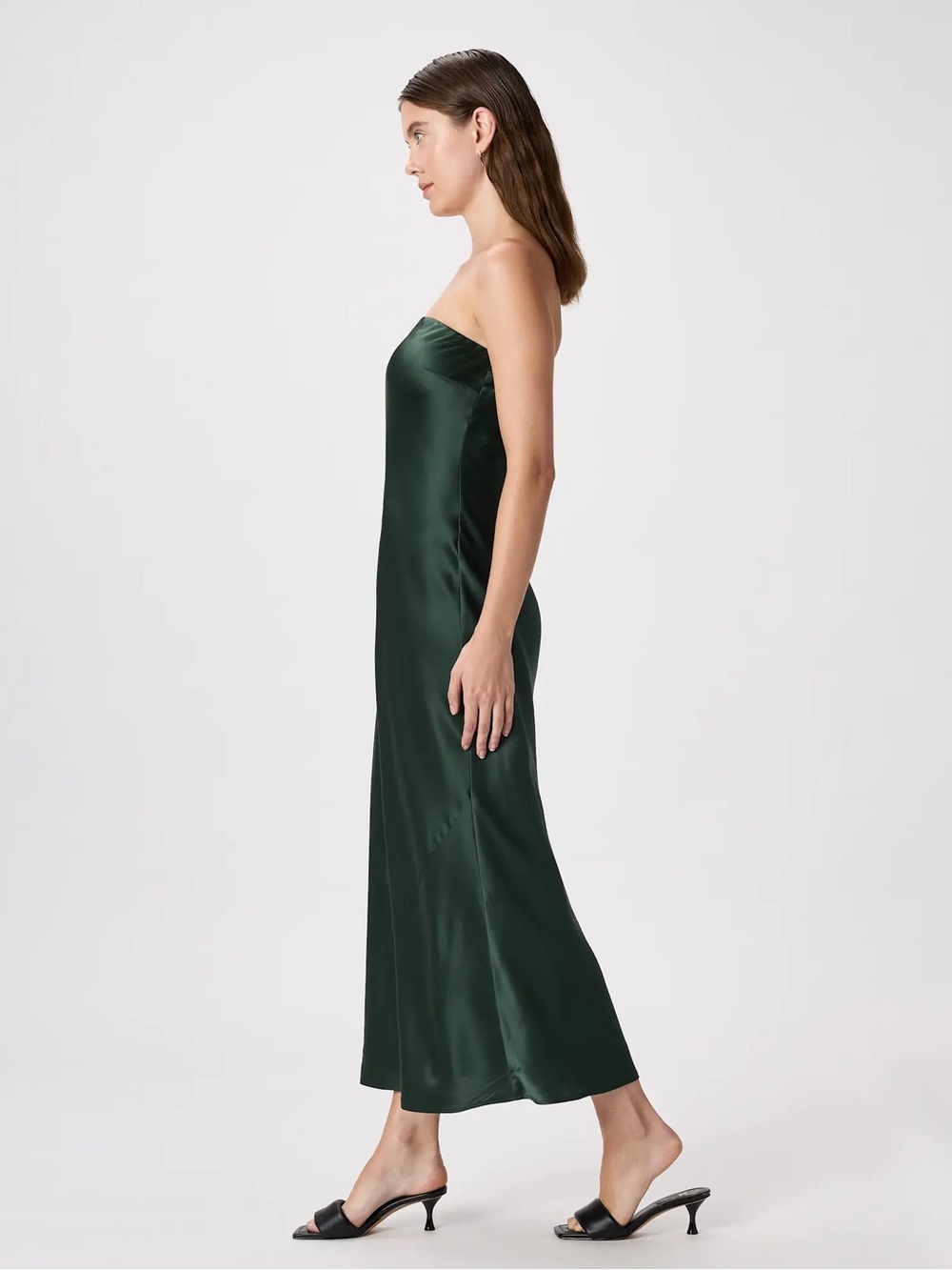 Quince 100% Washable Silk Strapless Midi Dress Deep Forest Green Maxi S 4 6 - Picture 4 of 10
